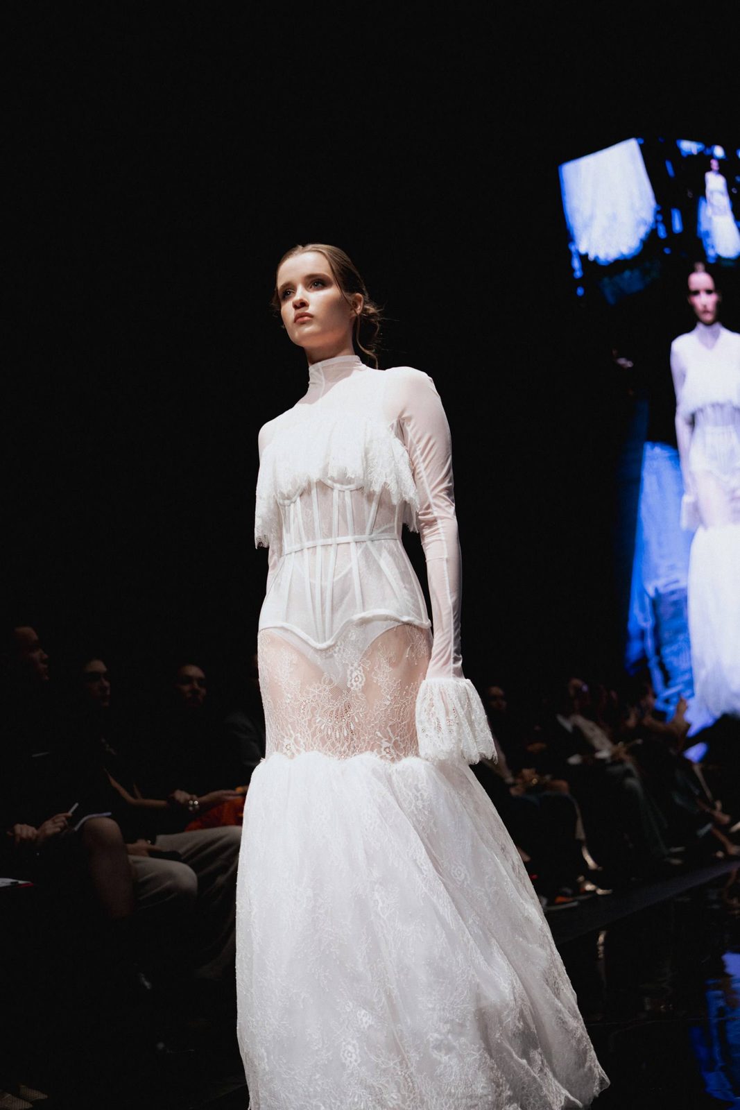 Runway: white lace gown, natural skin and soft brows